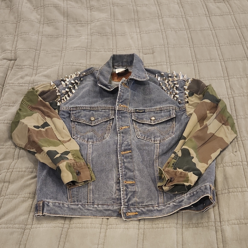 RP4LF Upcycled Studded Denim Jacket with Camouflage Sleeves